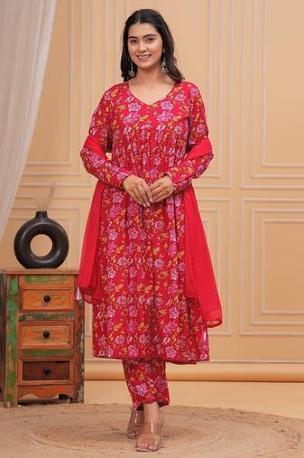 Floral Anarkali Kurta Pant Dupatta Set – Pink Traditional Indian Wear