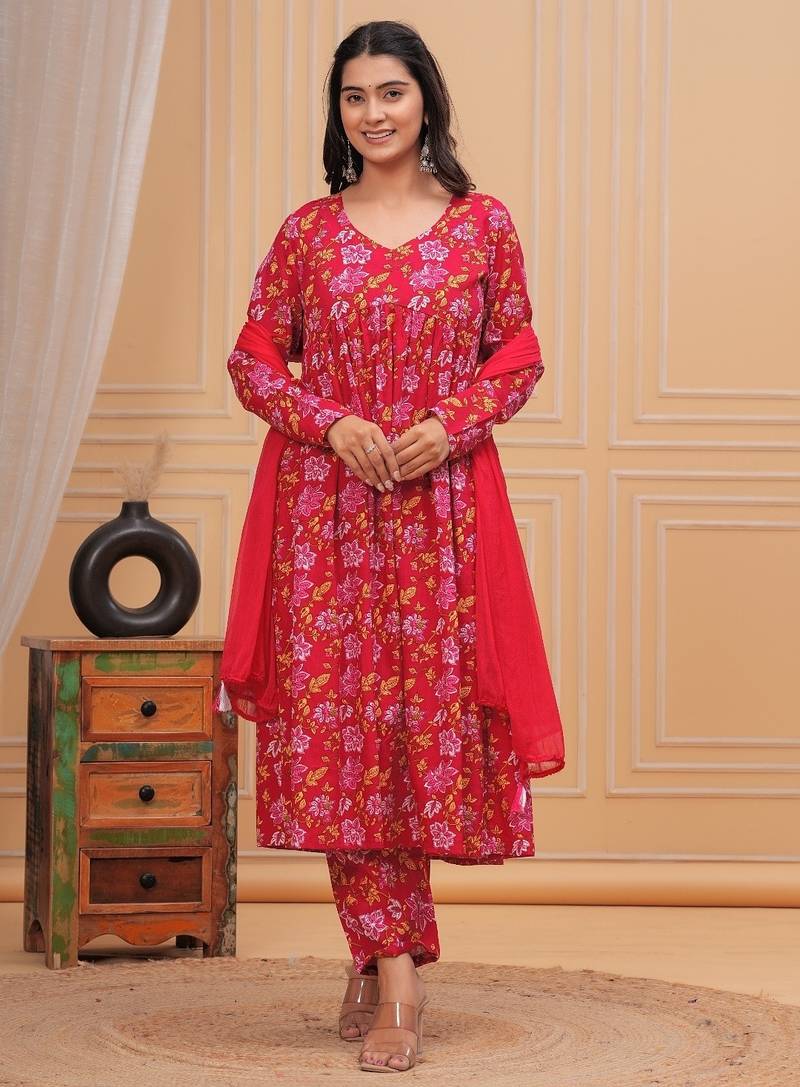Floral Anarkali Kurta Pant Dupatta Set – Pink Traditional Indian Wear
