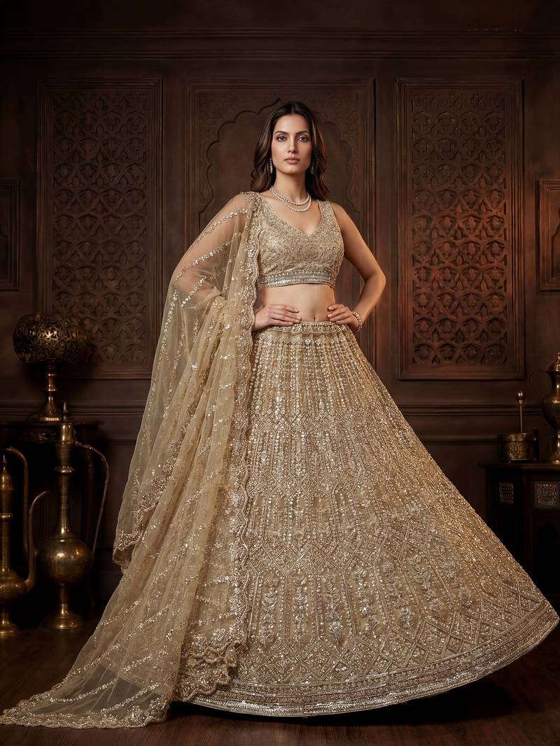 Graceful Golden Hand Work Net Designer Lehenga Choli With Dupatta