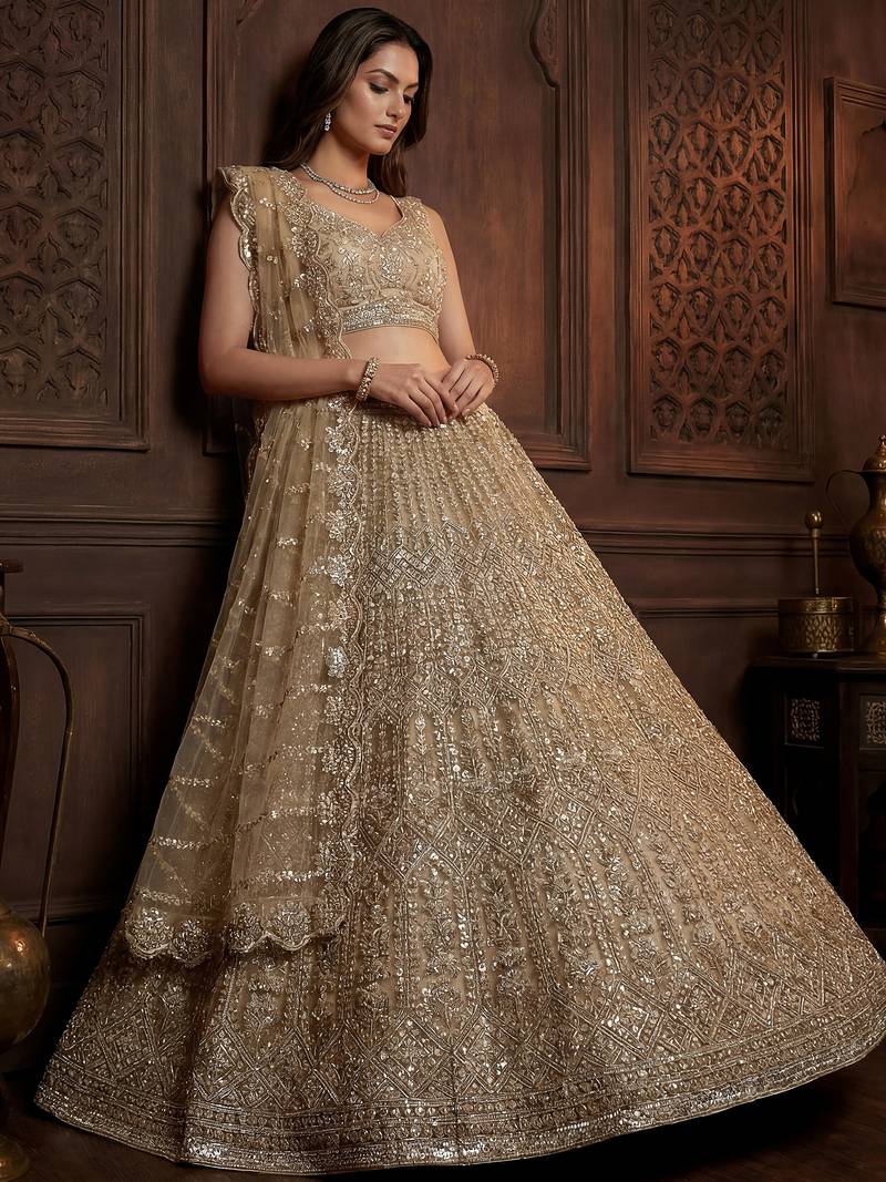 Graceful Golden Hand Work Net Designer Lehenga Choli With Dupatta