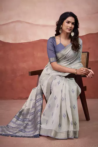 Grey mondal cotton party wear saree