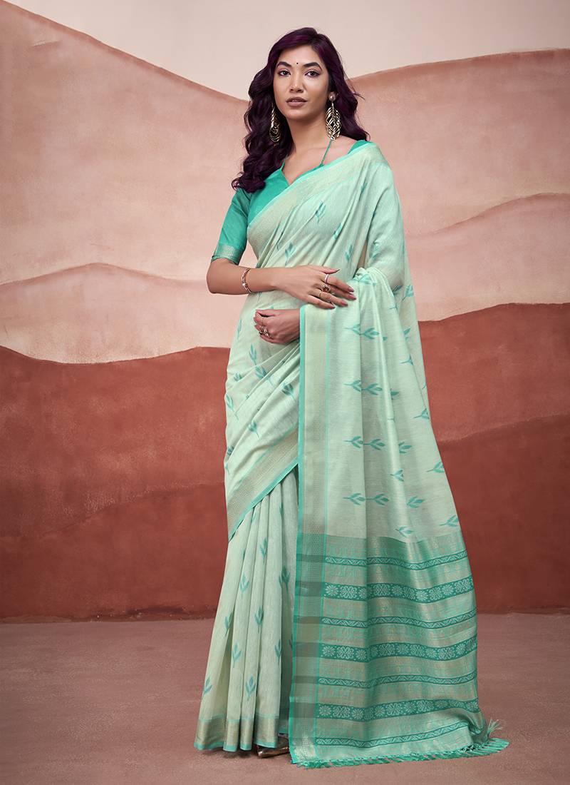Turquoise mondal cotton party wear saree