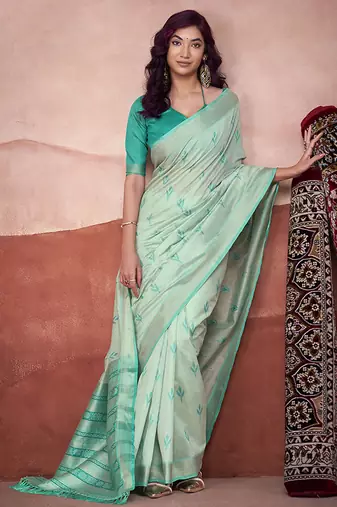 Turquoise mondal cotton party wear saree