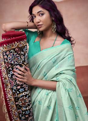 Turquoise mondal cotton party wear saree 4