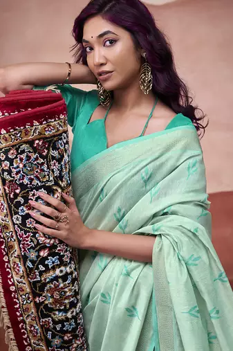 Turquoise mondal cotton party wear saree