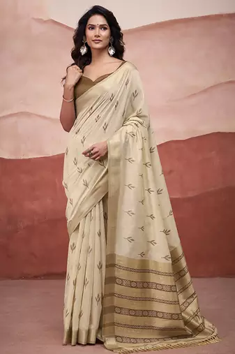 Cream mondal cotton party wear saree