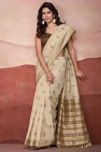 Cream mondal cotton party wear saree