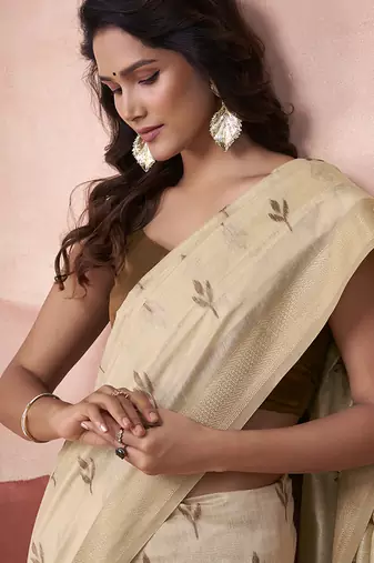 Cream mondal cotton party wear saree