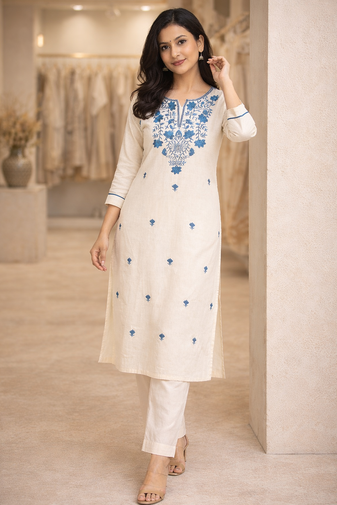 Off White Embroidered Cotton Kurta and Pant Set