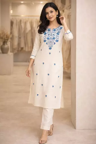 Off White Embroidered Cotton Kurta and Pant Set