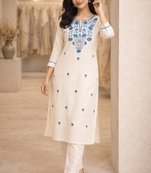 Off White Embroidered Cotton Kurta and Pant Set