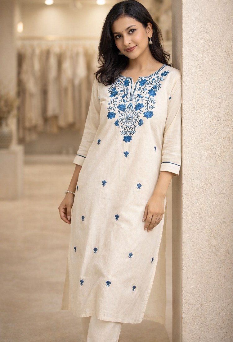 Off White Embroidered Cotton Kurta and Pant Set