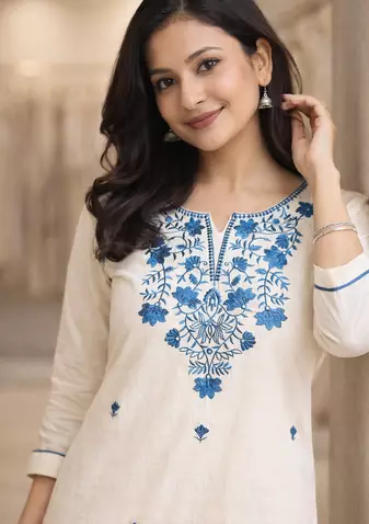 Off White Embroidered Cotton Kurta and Pant Set