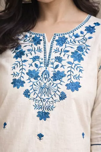 Off White Embroidered Cotton Kurta and Pant Set
