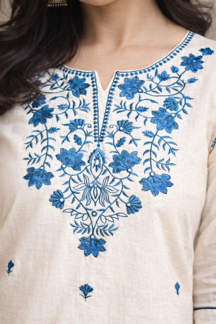 Off White Embroidered Cotton Kurta and Pant Set