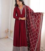 Glamorous Maroon Embroidered Silk Festival Wear Gown With Dupatta