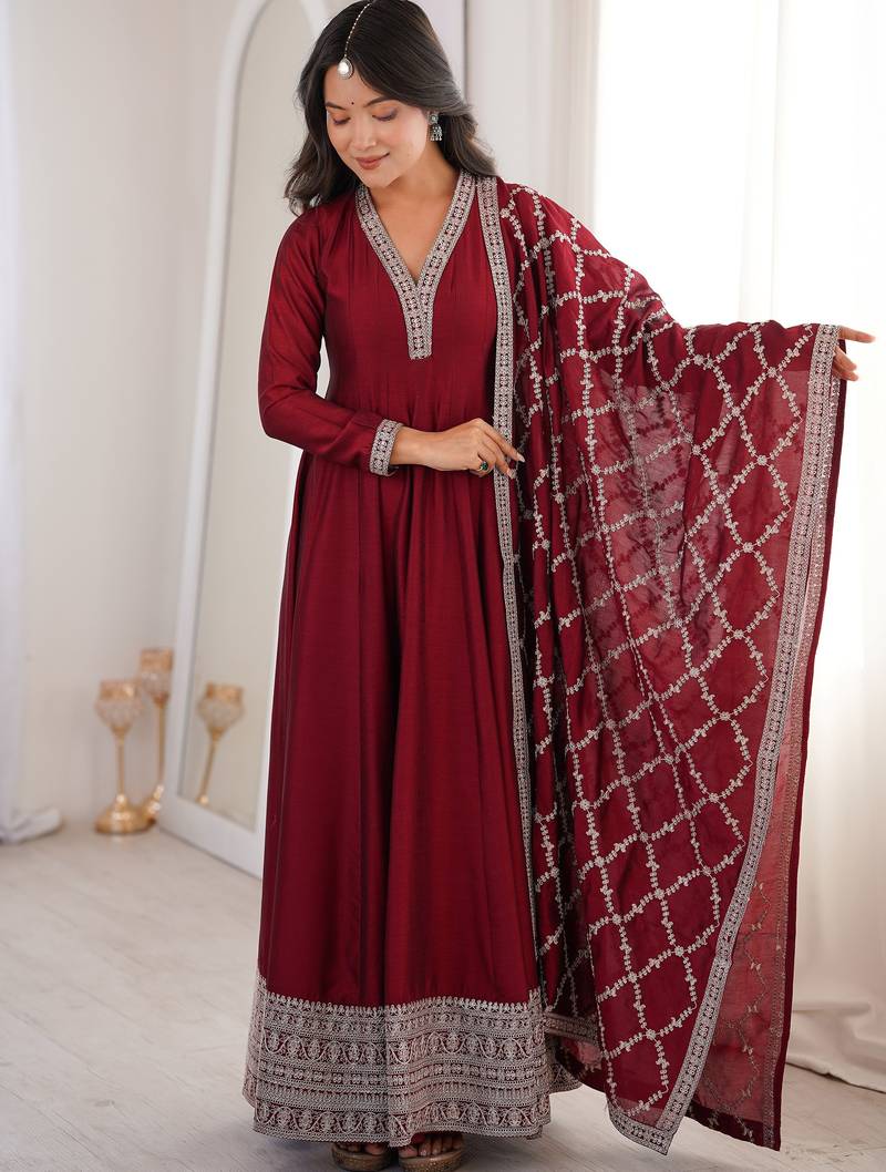 Glamorous Maroon Embroidered Silk Festival Wear Gown With Dupatta