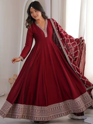 maroon silk gown with embroidered detailing 3