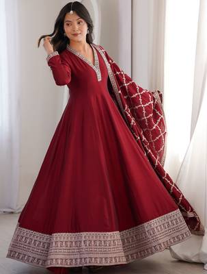 maroon silk gown with embroidered detailing 4