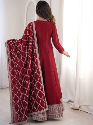 maroon silk gown with embroidered detailing 5