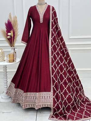 maroon silk gown with embroidered detailing 7