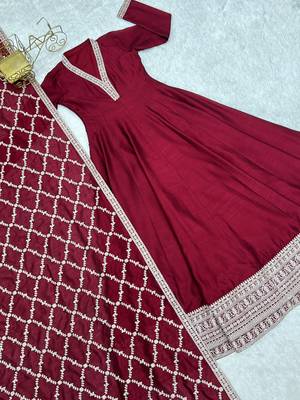 maroon silk gown with embroidered detailing 8