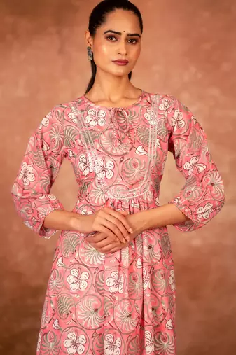 Pink floral hand block printed cotton kurta pant  set of 2
