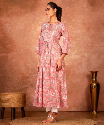 Pink floral hand block printed cotton kurta pant  set of 2 3