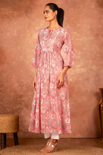 Pink floral hand block printed cotton kurta pant  set of 2