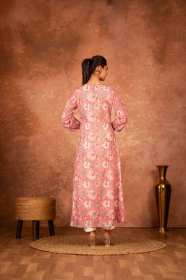 Pink floral hand block printed cotton kurta pant  set of 2 4