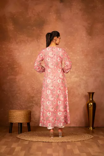Pink floral hand block printed cotton kurta pant  set of 2