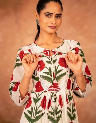 Red rose floral hand block printed cotton kurta pant  set of 2 2