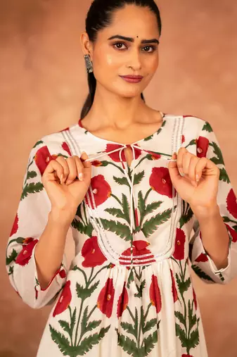 Red rose floral hand block printed cotton kurta pant  set of 2
