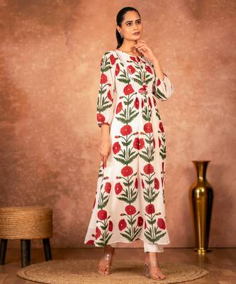 Red rose floral hand block printed cotton kurta pant  set of 2 3