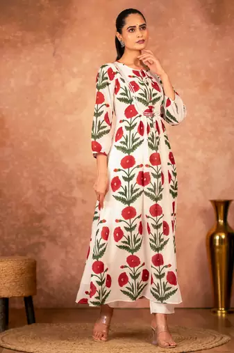 Red rose floral hand block printed cotton kurta pant  set of 2