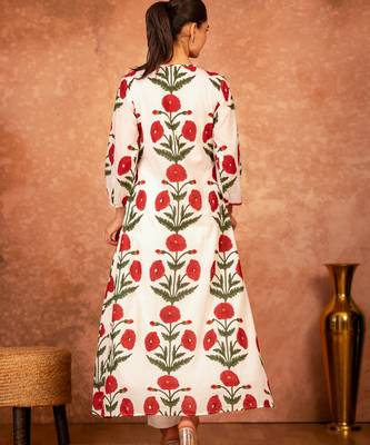 Red rose floral hand block printed cotton kurta pant  set of 2 4