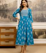 Blue Cotton  Embroidery Sequence Work A-Line Flared Kurti For Women