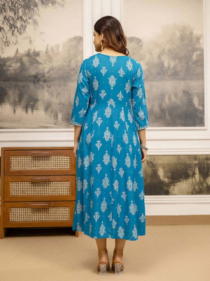 Blue Cotton  Embroidery Sequence Work A-Line Flared Kurti For Women