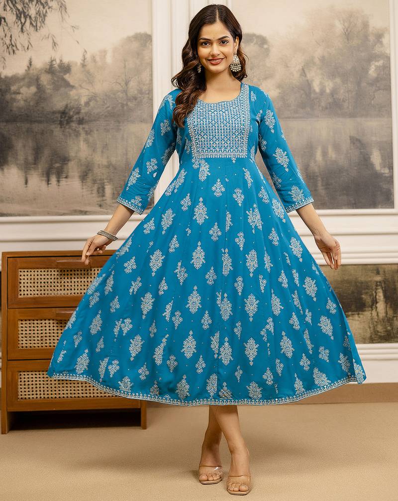 Blue Cotton  Embroidery Sequence Work A-Line Flared Kurti For Women