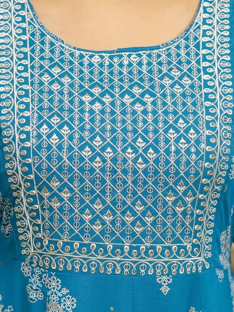 Blue Cotton  Embroidery Sequence Work A-Line Flared Kurti For Women