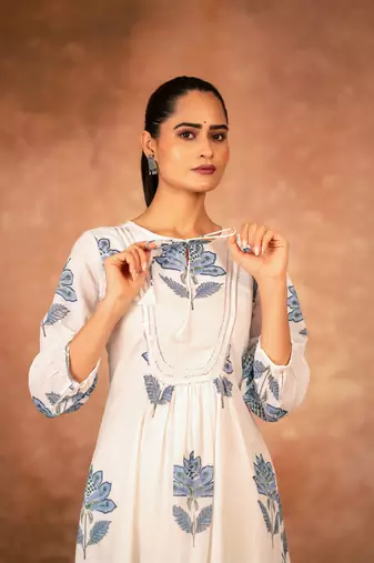 Blue floral hand block printed cotton kurta pant  set of 2