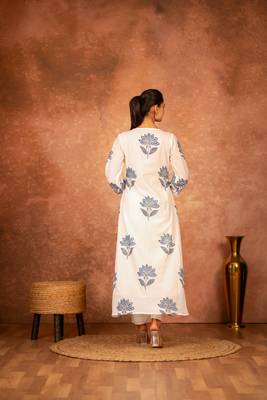 Blue floral hand block printed cotton kurta pant  set of 2 3