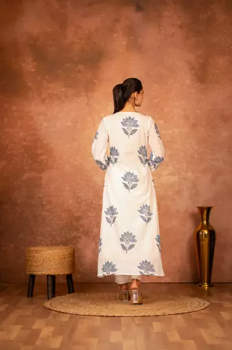 Blue floral hand block printed cotton kurta pant  set of 2