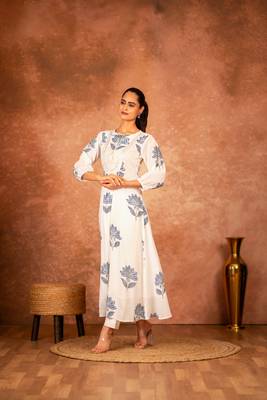 Blue floral hand block printed cotton kurta pant  set of 2 4