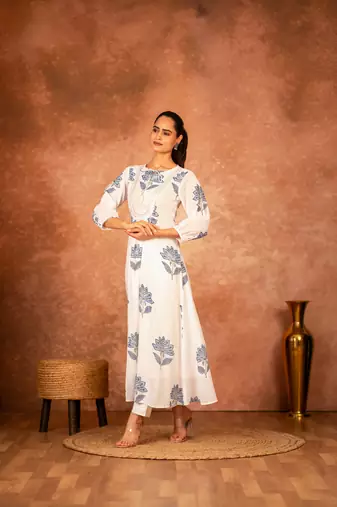 Blue floral hand block printed cotton kurta pant  set of 2