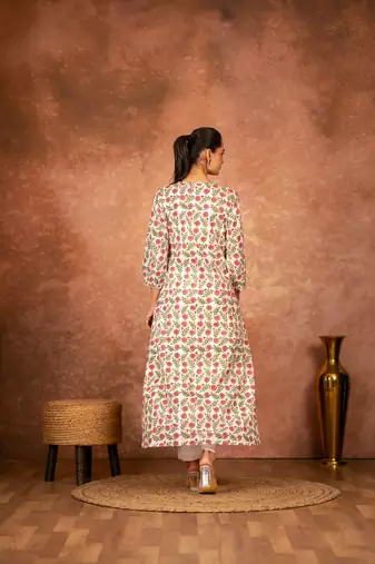 Red floral hand block printed cotton kurta pant  set of 2