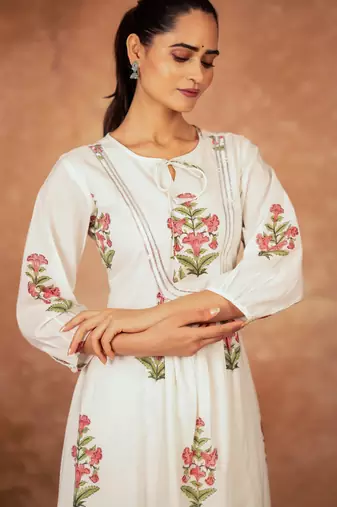 Off white pink floral hand block printed cotton kurta pant  set of 2