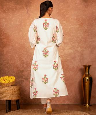 Off white pink floral hand block printed cotton kurta pant  set of 2 3