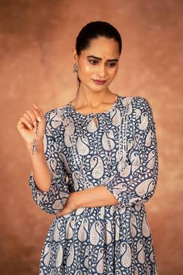Blue floral hand block printed cotton kurta pant  set of 2 2