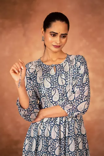 Blue floral hand block printed cotton kurta pant  set of 2